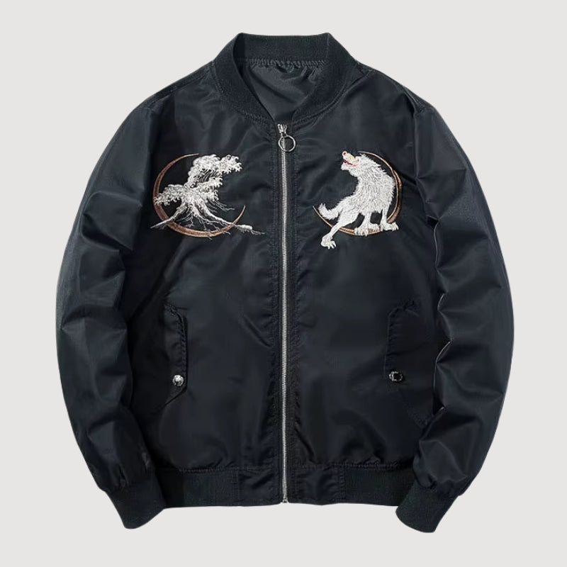 Chaqueta bomber de recuerdo Kitsuneneki vista trasera bordado poliéster cazadora souvenir sukajan streetwear japonés Ropa Japonesa