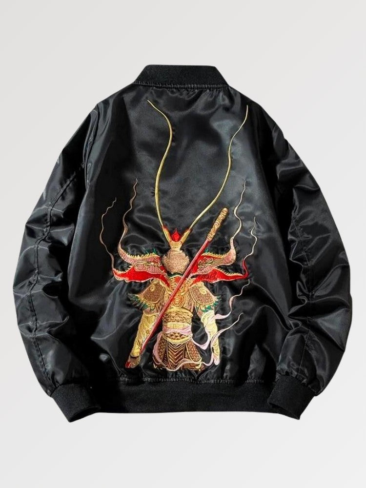 Chaqueta bomber japonesa vintage Samurai vista trasera bordado poliéster cazadora souvenir sukajan streetwear japonés Ropa Japonesa