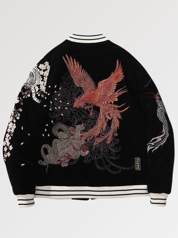 Chaqueta bomber Okaryu de Sukajan vista trasera bordado poliéster cazadora souvenir sukajan streetwear japonés Ropa Japonesa