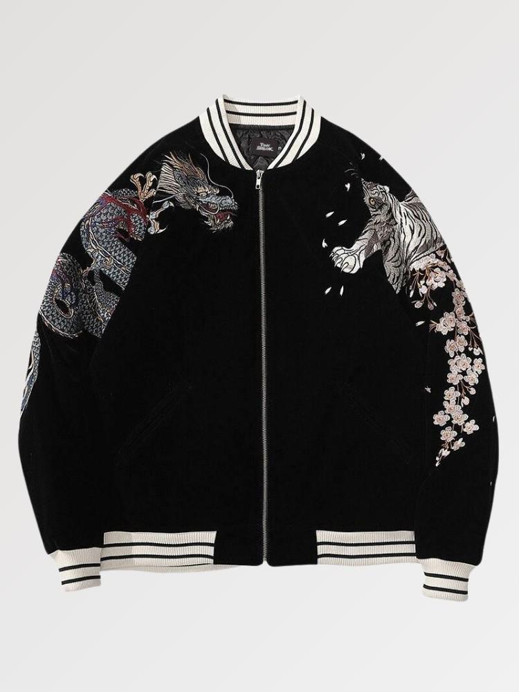 Chaqueta bomber Okaryu de Sukajan vista trasera bordado poliéster cazadora souvenir sukajan streetwear japonés Ropa Japonesa