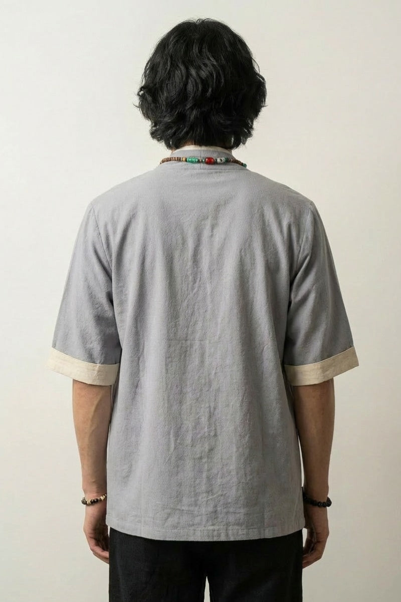 Chaqueta de estilo japonés hombre Grey Hideki gris vista trasera de algodón mangas cortas streetwear japonés Ropa Japonesa