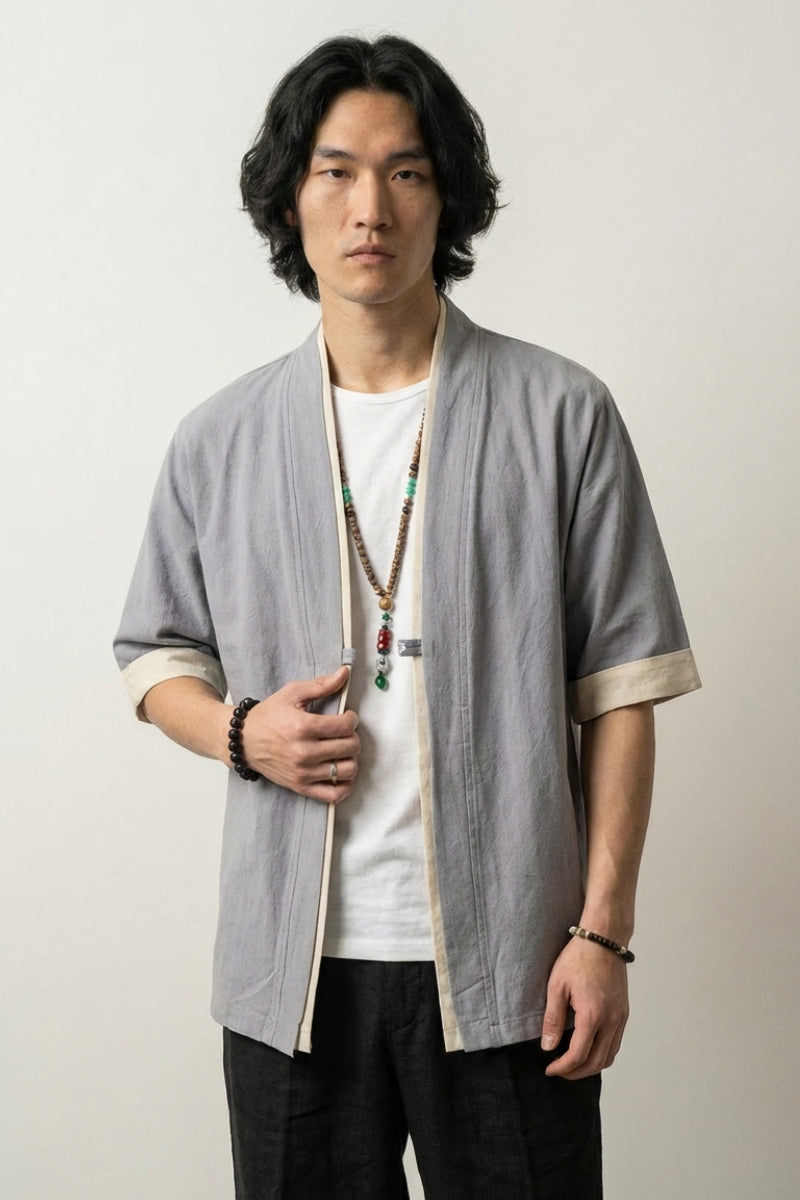 Chaqueta de estilo japonés hombre Grey Hideki gris de algodón con ribete blanco mangas cortas cuello en V estilo streetwear japonés Ropa Japonesa