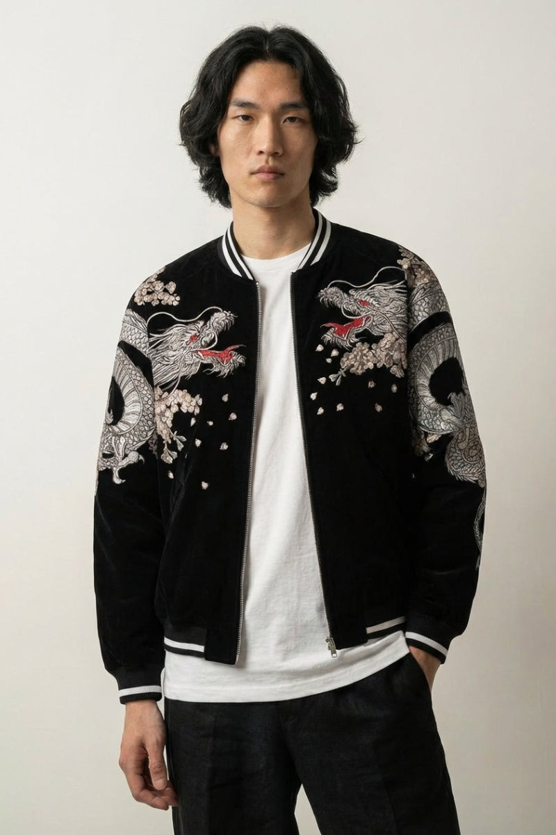Chaqueta de recuerdo Sukajan Ryu Bushido vista trasera bordado poliéster cazadora souvenir sukajan streetwear japonés Ropa Japonesa