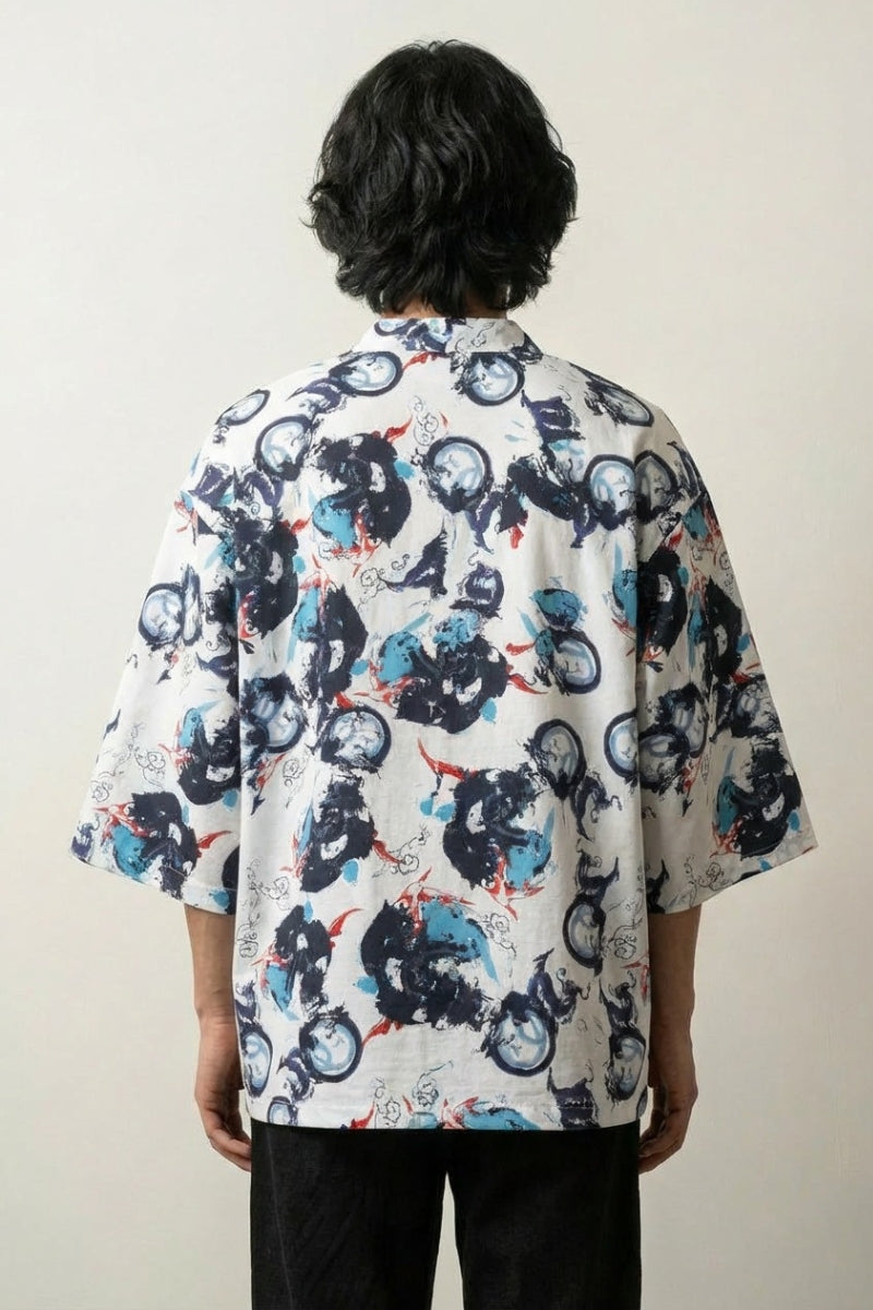 Chaqueta de punto fina Plus Size Shibuya vista trasera estampado de carpas koi y flores talla grande streetwear japonés Ropa Japonesa