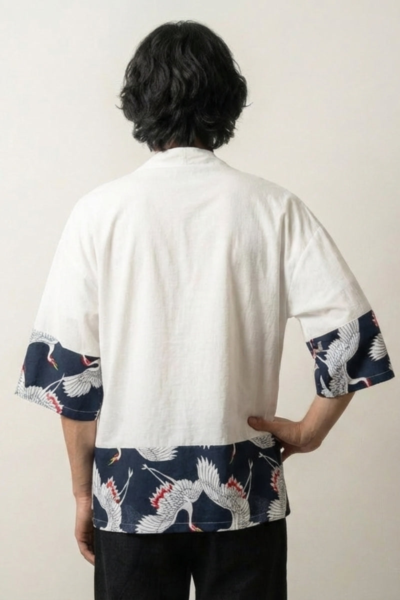 Chaqueta japonesa hombre Hisashi blanca vista trasera paneles con grullas tsuru streetwear japonés Ropa Japonesa