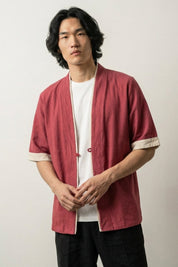 Chaqueta estilo kimono hombre Red Hideki roja de algodón con ribete blanco mangas cortas cuello en V estilo streetwear japonés Ropa Japonesa