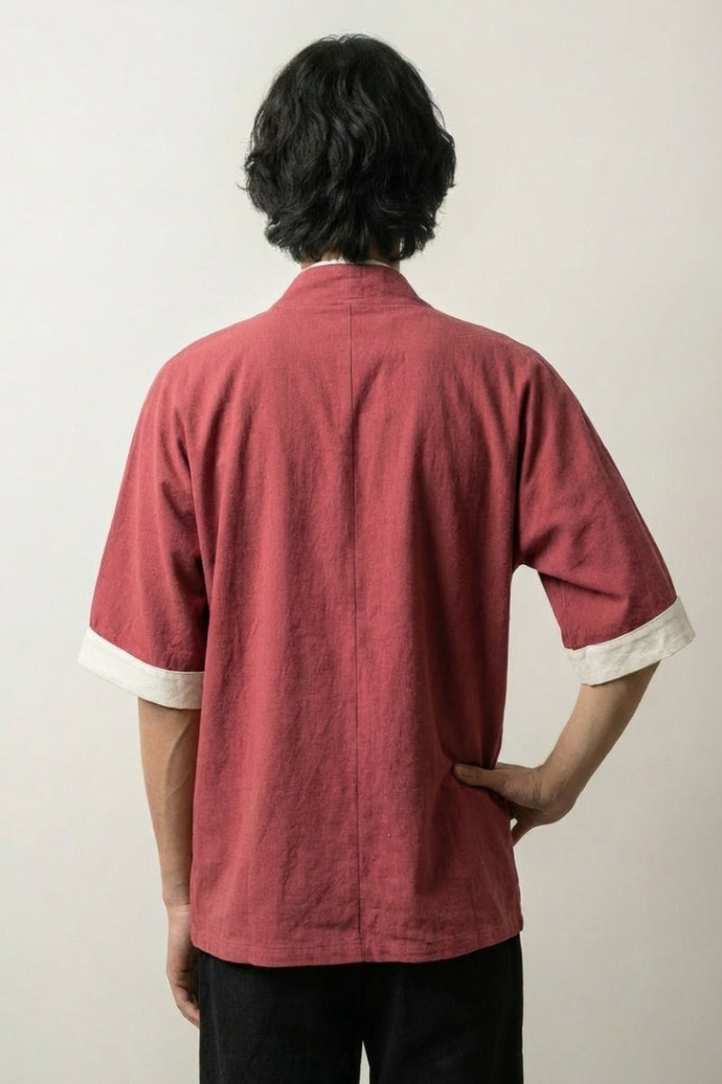 Chaqueta estilo kimono hombre Red Hideki roja vista trasera de algodón mangas cortas streetwear japonés Ropa Japonesa