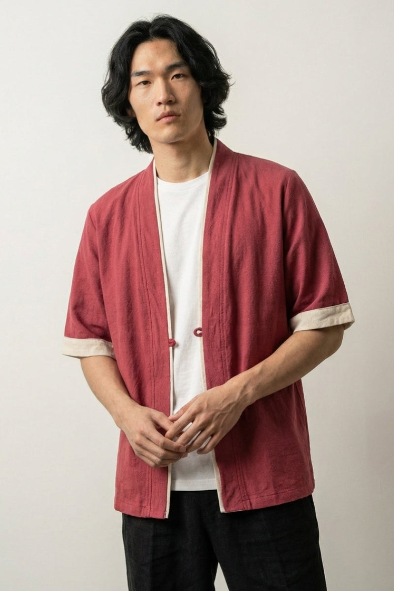 Chaqueta estilo kimono hombre Red Hideki roja de algodón con ribete blanco mangas cortas cuello en V estilo streetwear japonés Ropa Japonesa