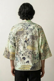 Chaqueta kimono estampada Edición Kaito vista trasera con motivo ukiyo-e escena de mercado de Edo personajes sombrilla de algodón mangas tres cuartos streetwear japonés Ropa Japonesa