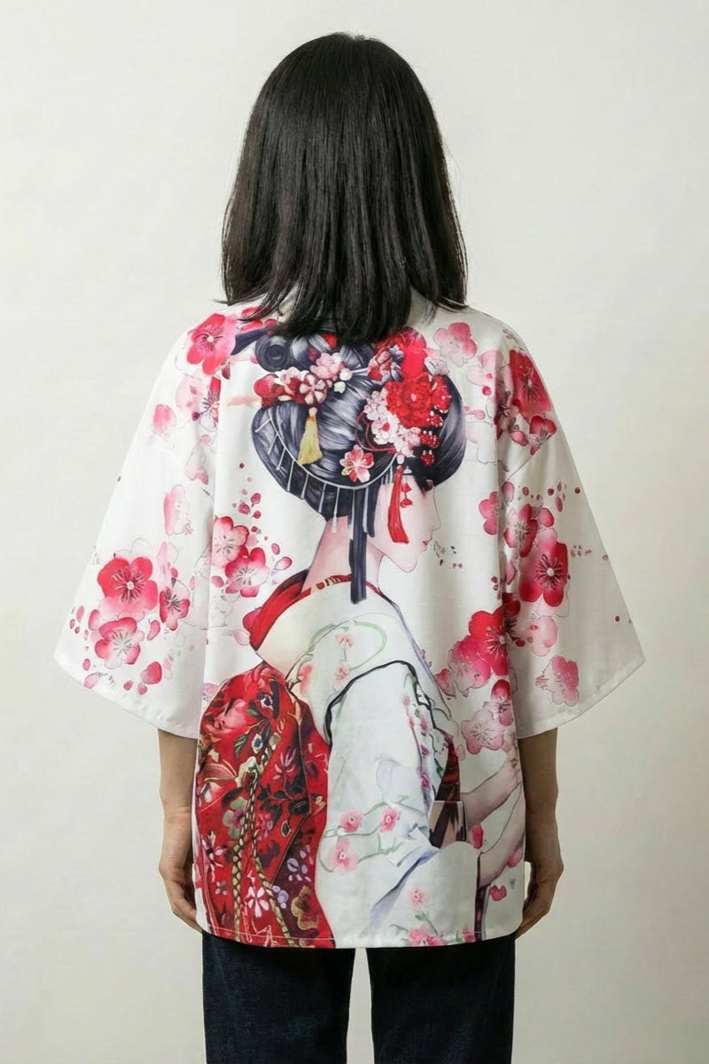 Chaleco Kimono Geisha Sakura x Geiko blanco vista trasera geisha sakura streetwear japonés Ropa Japonesa