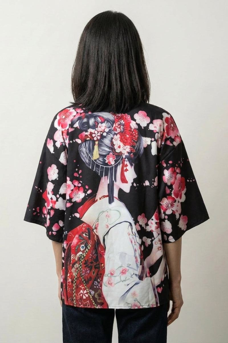 Chaleco Kimono Geisha Sakura x Geiko negro vista trasera geisha sakura streetwear japonés Ropa Japonesa