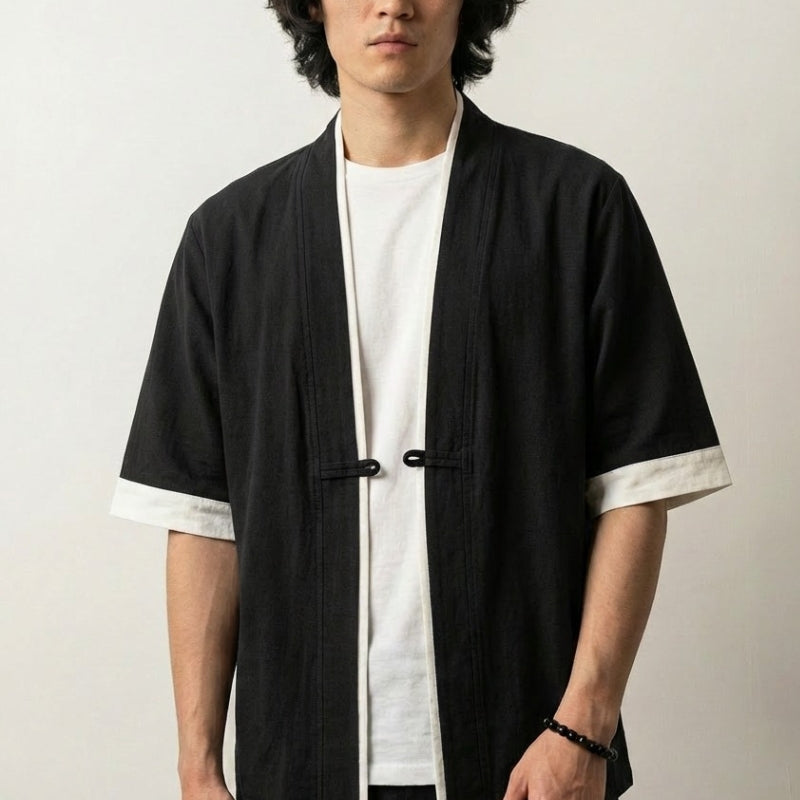 Chaqueta kimono hombre Hideki negra de algodón con ribete blanco mangas cortas cuello en V estilo streetwear japonés Ropa Japonesa