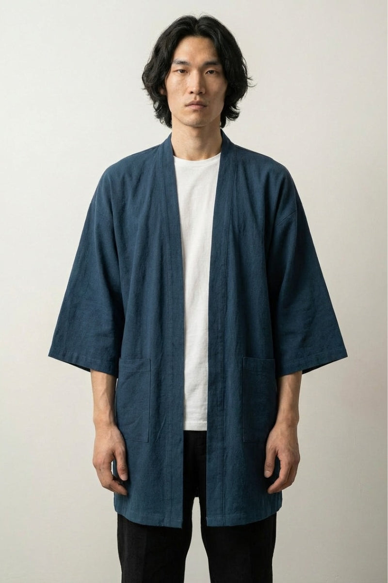 Chaqueta kimono larga Takeo hombre azul turquesa de algodón lino corte largo mangas tres cuartos cuello a rayas streetwear japonés Ropa Japonesa