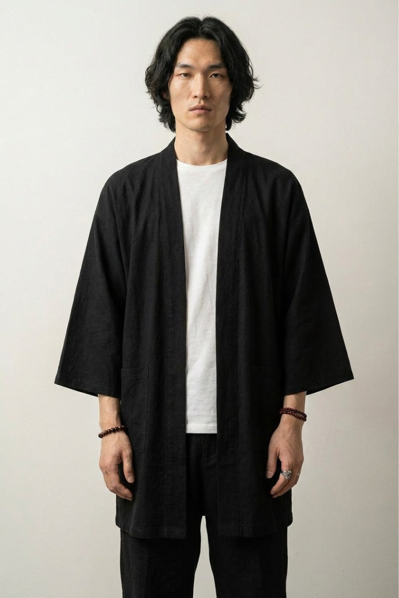 Chaqueta kimono larga Takeo hombre azul turquesa vista trasera de algodón lino corte largo mangas tres cuartos streetwear japonés Ropa Japonesa
