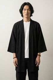 Chaqueta kimono larga Takeo hombre azul turquesa vista trasera de algodón lino corte largo mangas tres cuartos streetwear japonés Ropa Japonesa