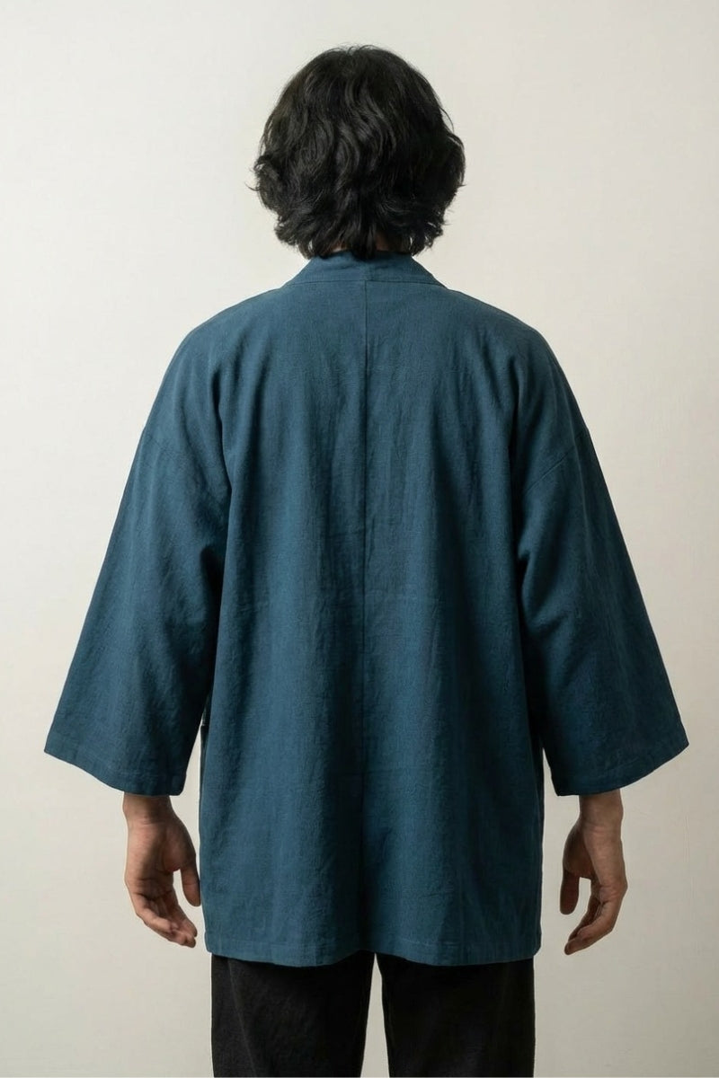 Chaqueta kimono larga Takeo hombre negro de algodón lino corte largo mangas tres cuartos cuello a rayas streetwear japonés Ropa Japonesa