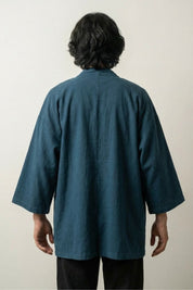 Chaqueta kimono larga Takeo hombre negro de algodón lino corte largo mangas tres cuartos cuello a rayas streetwear japonés Ropa Japonesa