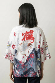 Chaqueta kimono ligera Edo blanca vista trasera grulla sakura mangas tres cuartos streetwear japonés Ropa Japonesa