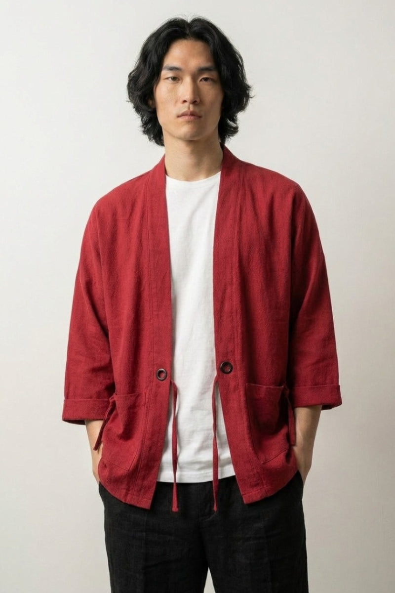 Chaqueta kimono roja Yuudai teja de algodón corte haori mangas tres cuartos cuello abierto con botón estilo streetwear japonés Ropa Japonesa