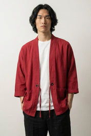 Chaqueta kimono roja Yuudai teja de algodón corte haori mangas tres cuartos cuello abierto con botón estilo streetwear japonés Ropa Japonesa