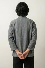 Chaqueta kimono Takao gris vista trasera rayas verticales de algodón lino talla grande streetwear japonés Ropa Japonesa