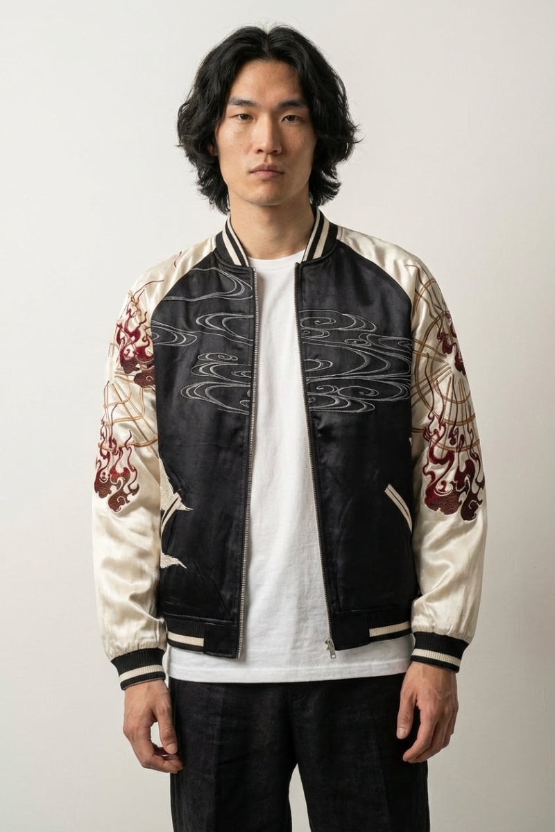 Chaqueta sukajan bordada Shirokage crudo poliéster divinidad guerrera streetwear japonés Ropa Japonesa