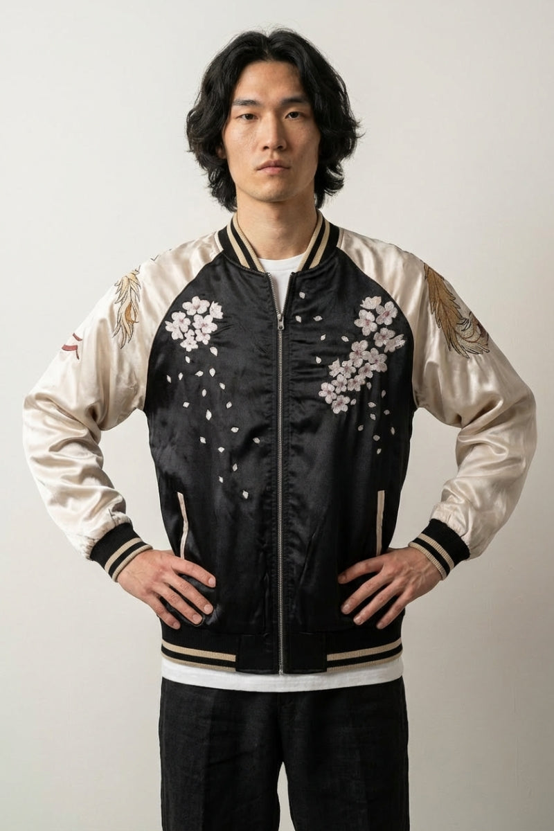 Chaqueta vaquera japonesa Omotesando vista trasera bordado poliéster cazadora souvenir sukajan streetwear japonés Ropa Japonesa