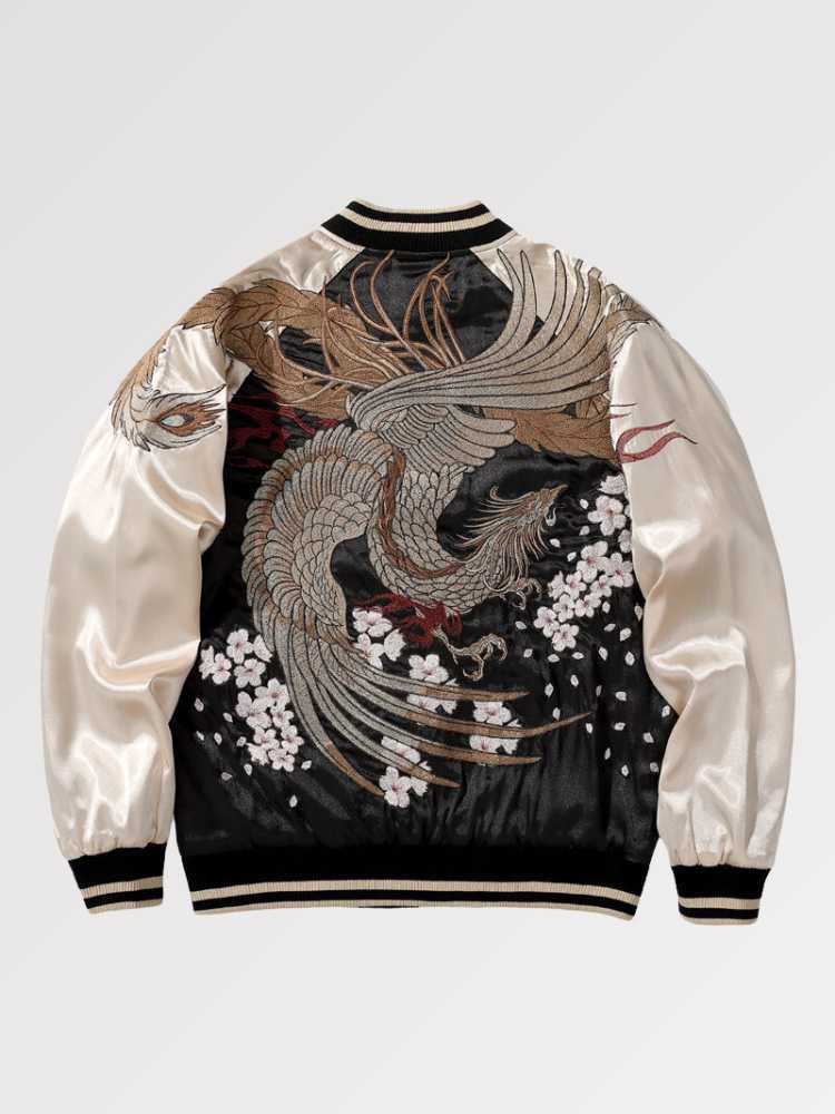 Chaqueta vaquera japonesa Omotesando vista trasera bordado poliéster cazadora souvenir sukajan streetwear japonés Ropa Japonesa