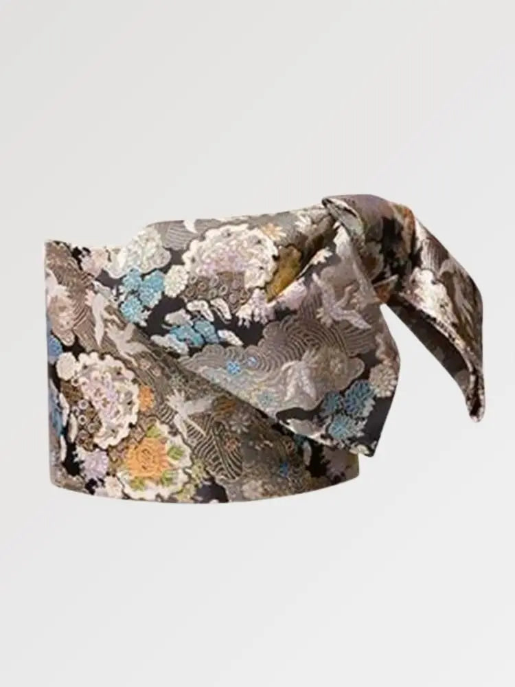 Cinturón obi de mujer Tachibana negro ceremonial de motivos florales tejidos Ropa Japonesa