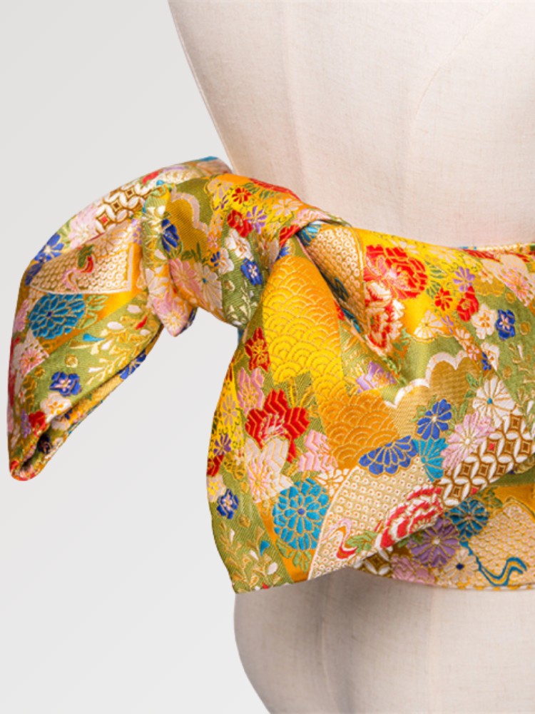 Cinturón obi de mujer Nanten dorado y amarillo tejido de peonías y flores Ropa Japonesa