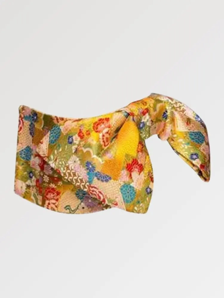 Cinturón obi de mujer Nanten dorado y amarillo tejido de peonías y flores Ropa Japonesa