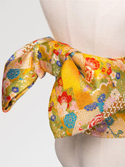 Cinturón obi de mujer Nanten dorado y amarillo tejido de peonías y flores Ropa Japonesa