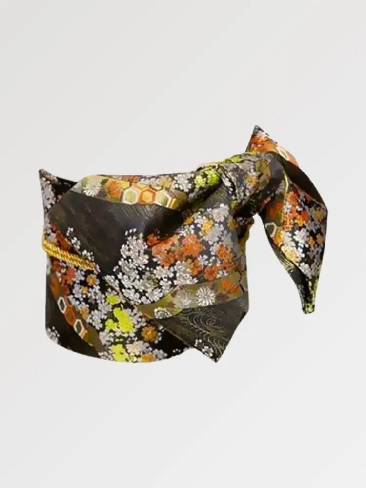 Cinturón obi de mujer Koshiko negro tejido de crisantemos y motivos hexagonales Ropa Japonesa