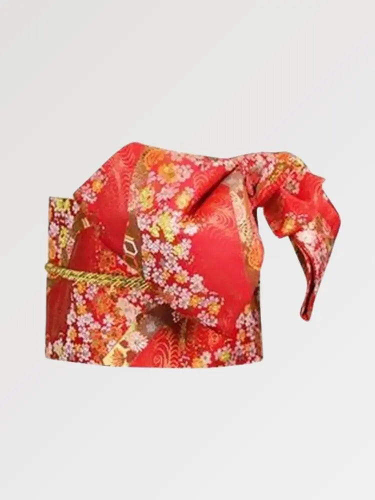 Cinturón obi de mujer Tsubaki rojo tejido de sakura y crisantemos Ropa Japonesa