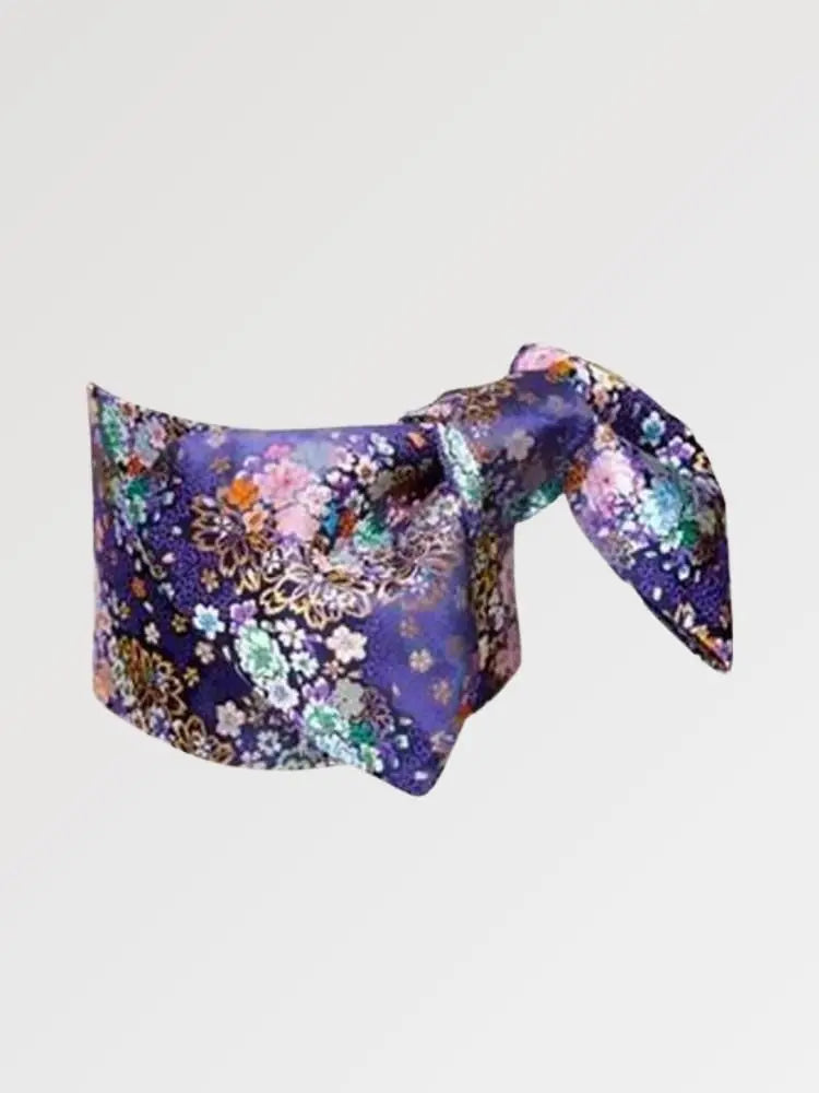 Cinturón obi de mujer Nadeshiko azul marino con flores policromas densas tejidas Ropa Japonesa