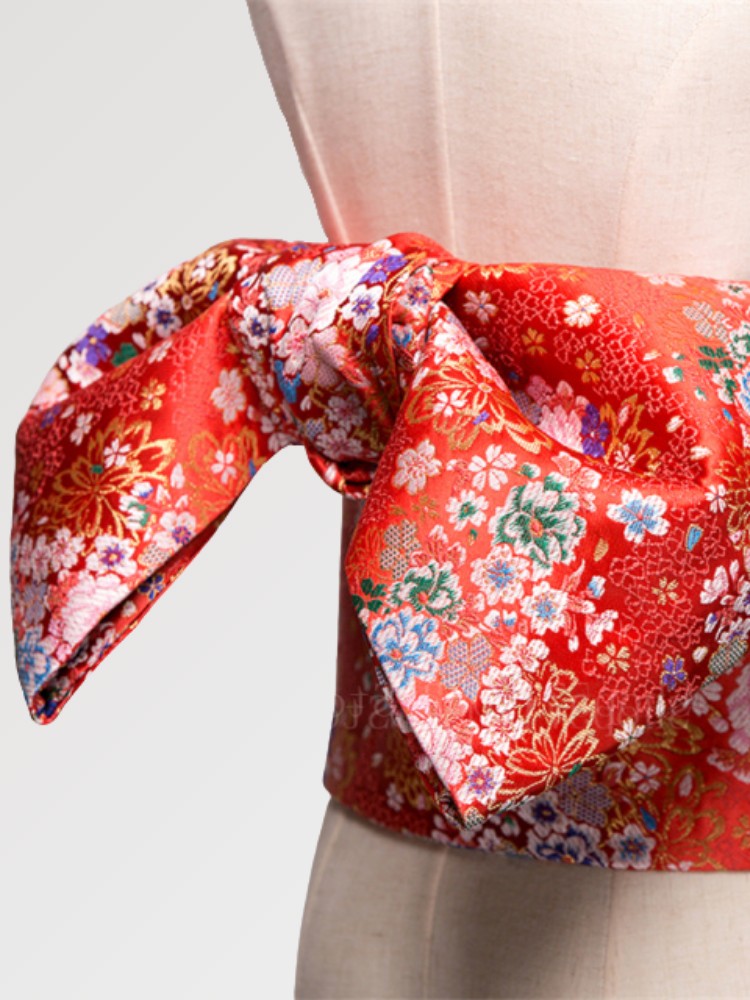 Cinturón obi de mujer Shôchikubai rojo vivo con motivos florales tejidos Ropa Japonesa