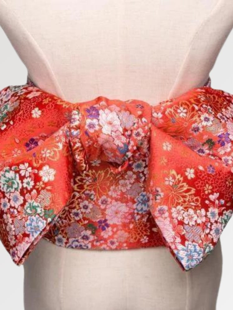 Cinturón obi de mujer Shôchikubai rojo vivo con motivos florales tejidos Ropa Japonesa