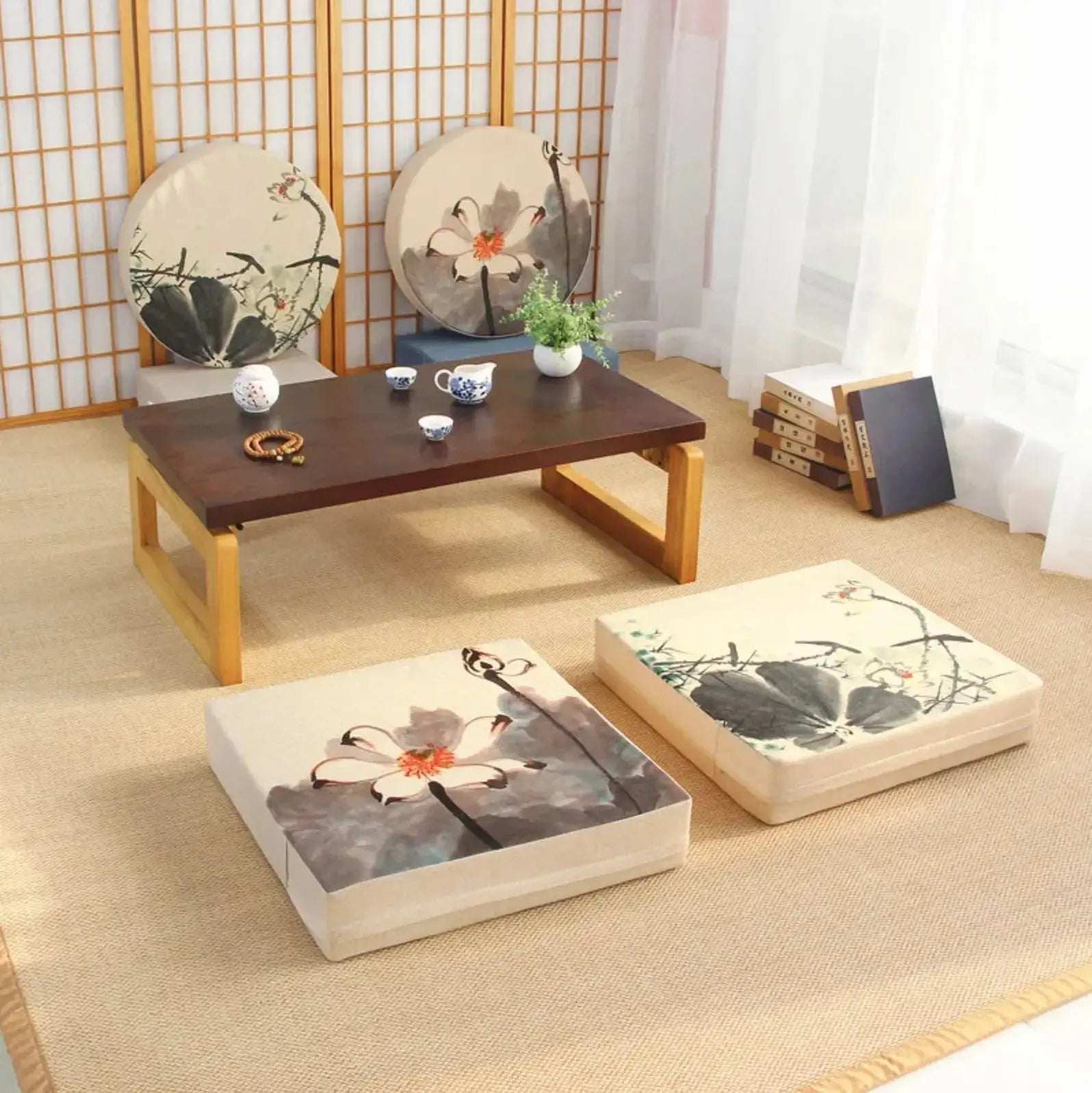Cojín cuadrado de flores japonesas Ogaki con motivo floral estampado Ropa Japonesa