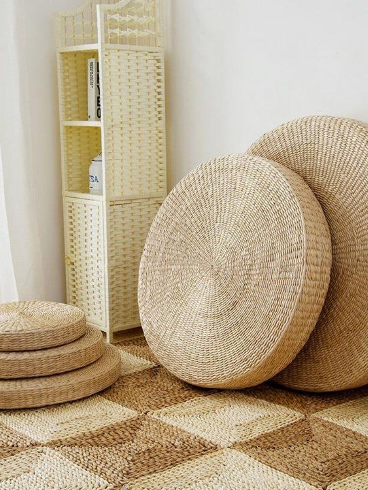 Cojín de suelo redondo japonés Enkei en paja trenzada natural inspiración tatami Ropa Japonesa