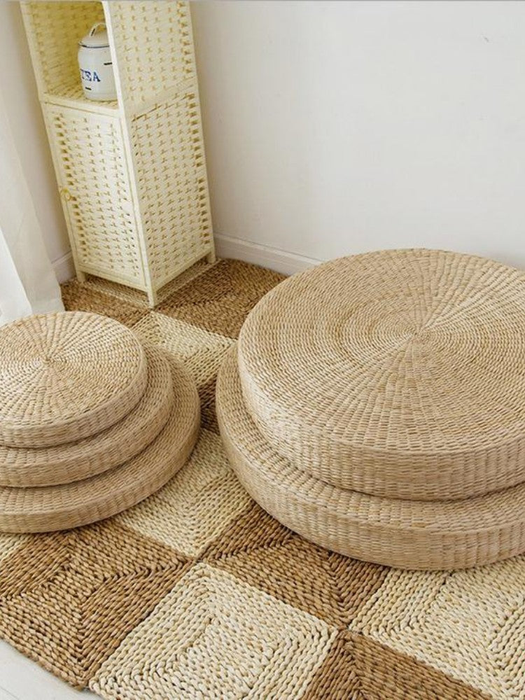Cojín de suelo redondo japonés Enkei en paja trenzada natural inspiración tatami Ropa Japonesa