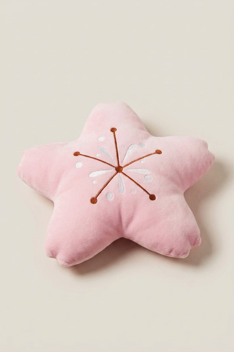 Cojín japonés 'Shuka' en rosa pálido — cojín de peluche con forma de estrella de mar de cinco brazos y costuras radiales bordadas