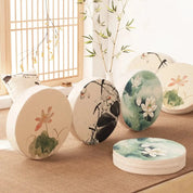 Cojín de flores japonesas Narashino redondo con motivo sumi-e floral estampado Ropa Japonesa