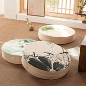 Cojín de flores japonesas Narashino redondo con motivo sumi-e floral estampado Ropa Japonesa