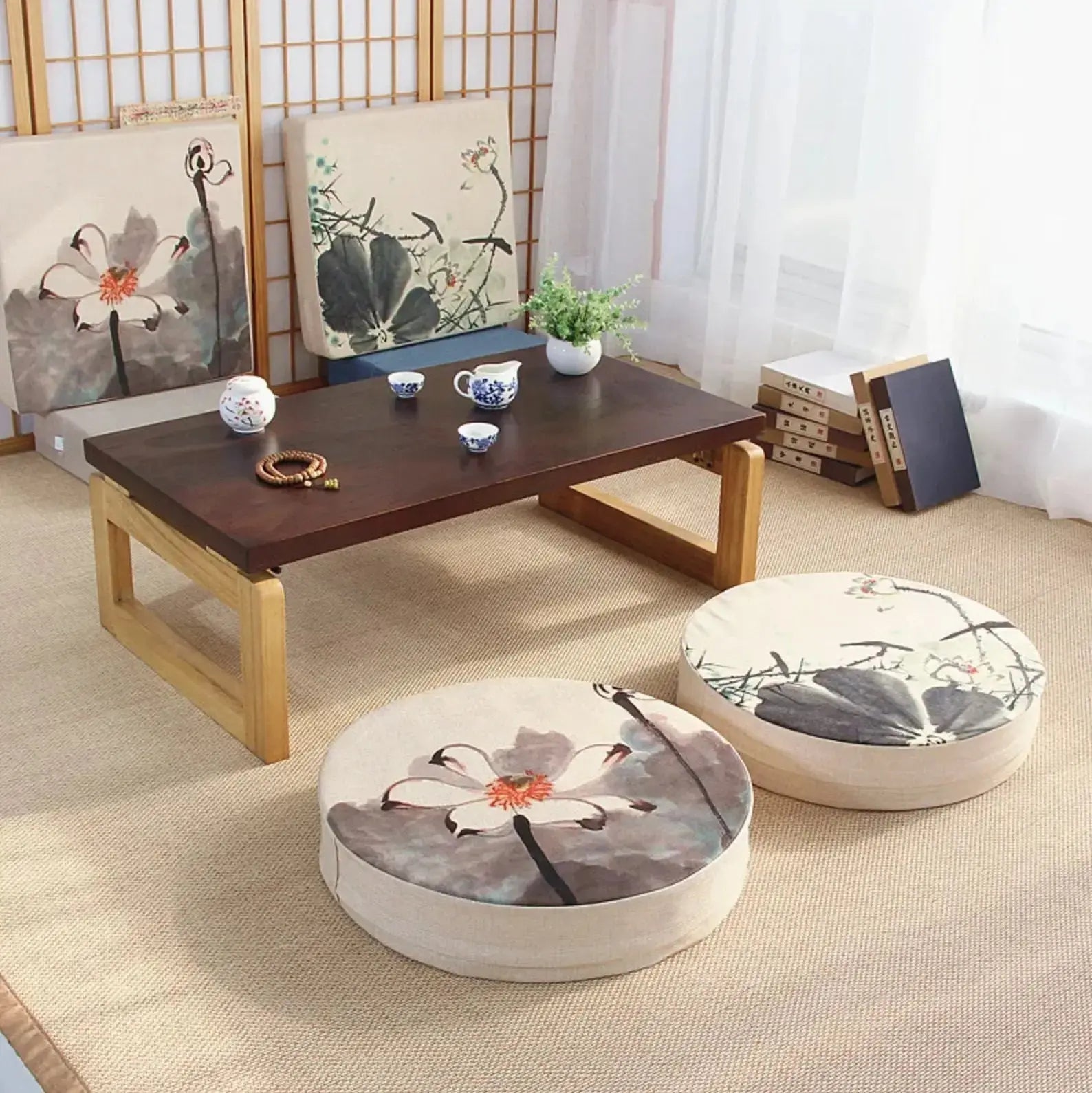 Cojín de flores japonesas Narashino redondo con motivo sumi-e floral estampado Ropa Japonesa