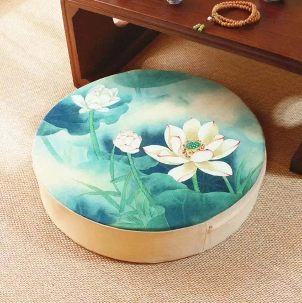 Cojín de flores japonesas Narashino redondo con motivo sumi-e floral estampado Ropa Japonesa