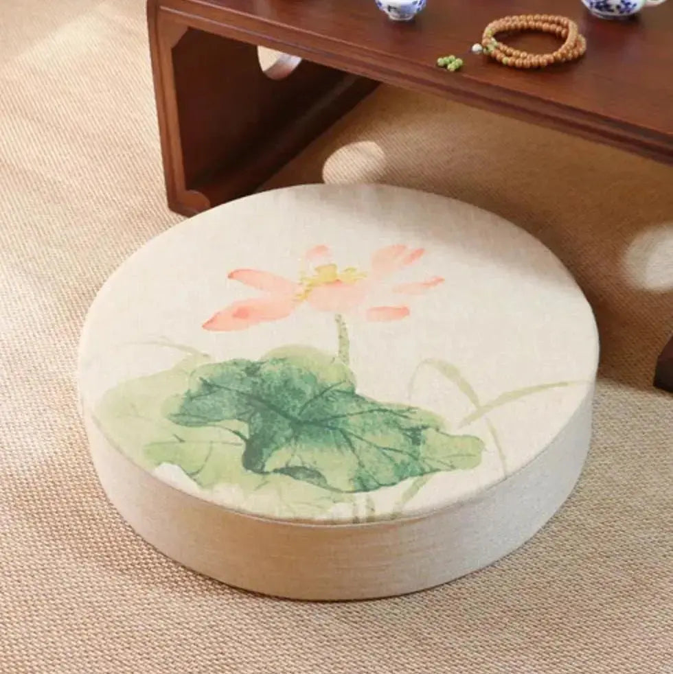 Cojín de flores japonesas Narashino redondo con motivo sumi-e floral estampado Ropa Japonesa
