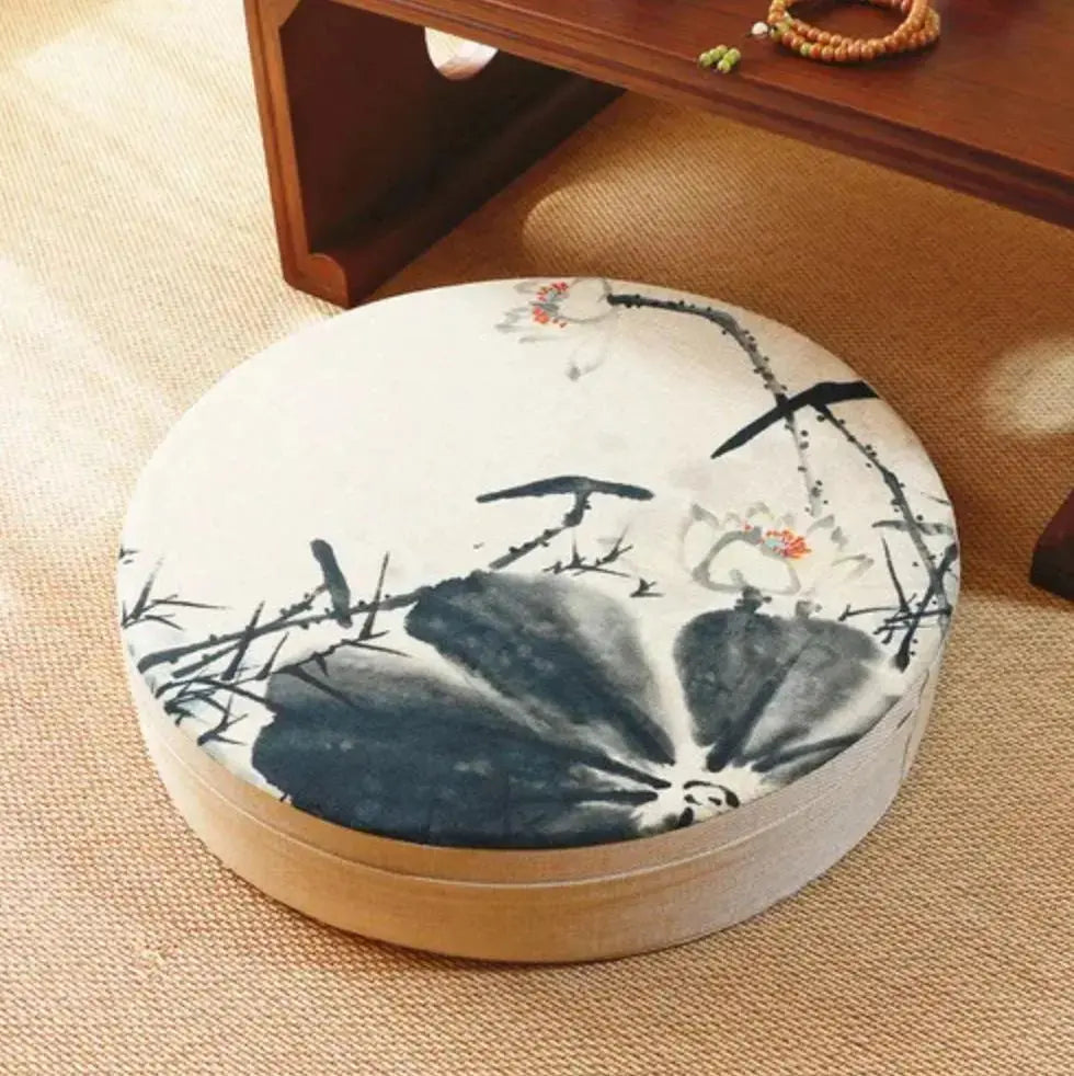 Cojín de flores japonesas Narashino redondo con motivo sumi-e floral estampado Ropa Japonesa