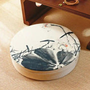 Cojín de flores japonesas Narashino redondo con motivo sumi-e floral estampado Ropa Japonesa