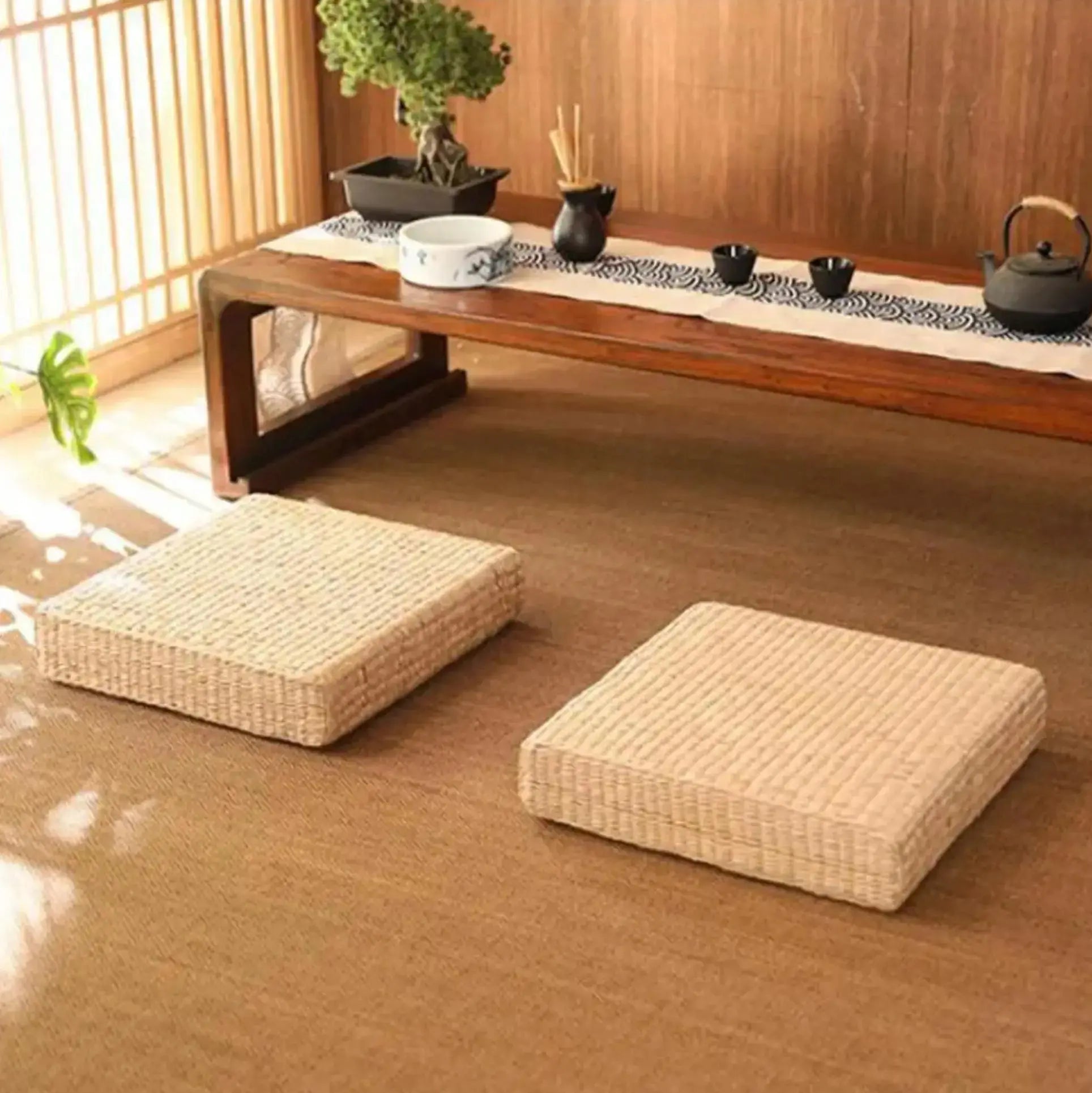 Tatami cuadrado cojín japonés Mokiro en paja trenzada rectilínea con borde textil Ropa Japonesa