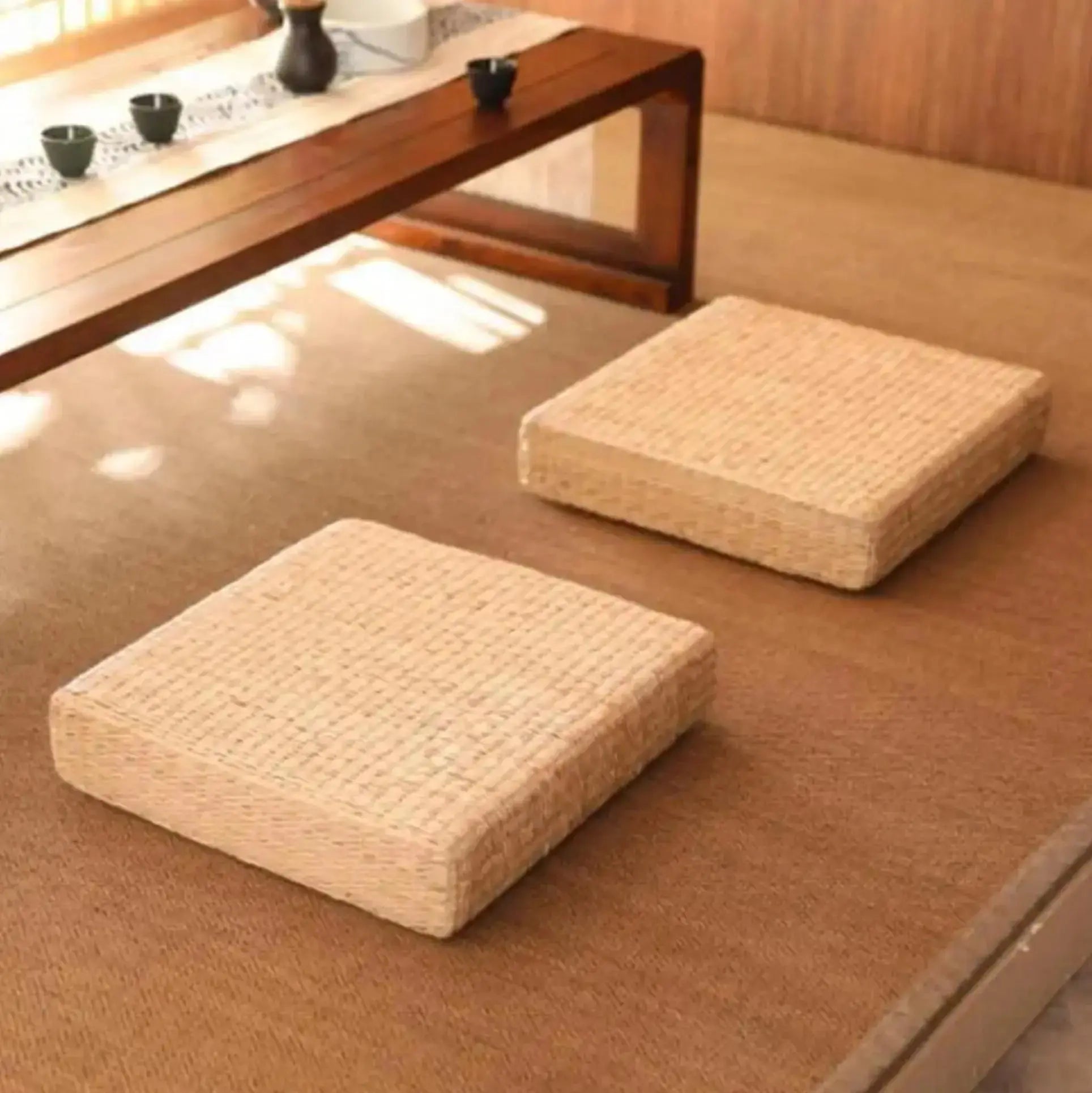 Tatami cuadrado cojín japonés Mokiro en paja trenzada rectilínea con borde textil Ropa Japonesa